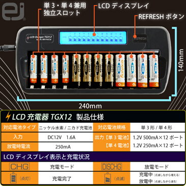 ニッケル水素充電池用充電器 TGX12 エネループ エネロング対応 単3形電池 単4形電池 兼用タイプ　12本用同時充電　宅配便送料無料