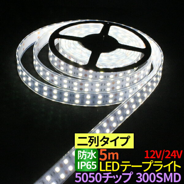 LEDテープライト 5m 防水 IP65 600SMD 12V/24V 選択 高防水性 シリコンチューブ LED2列タイプ LEDテープ 防水5050チップ 600SMD 24V 12V LEDテープ 防水 ledテープ 正面発光 間接照明 看板照明 棚下照明 イルミネーション ホワイト 送料無料