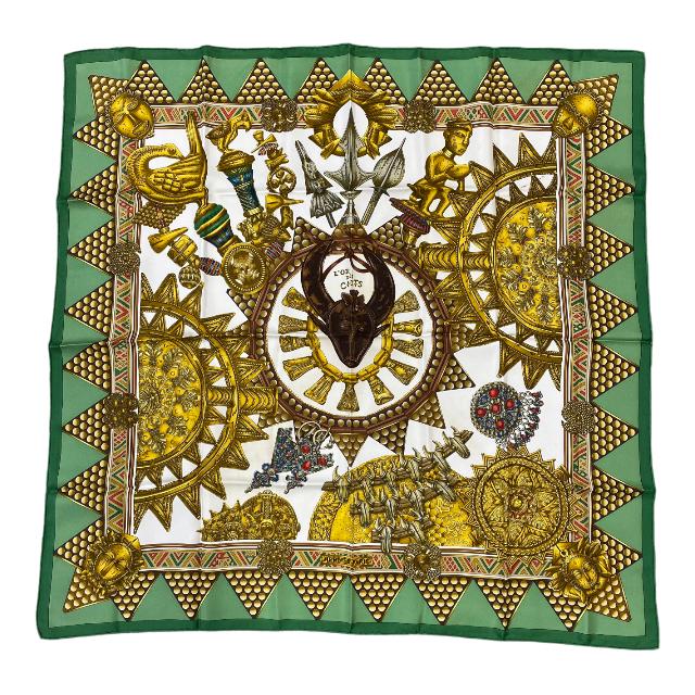 エルメス スカーフ 大判 カレ90 L'OR DES CHEFS 首長達の金 シルク グリーン ゴールド マルチカラー