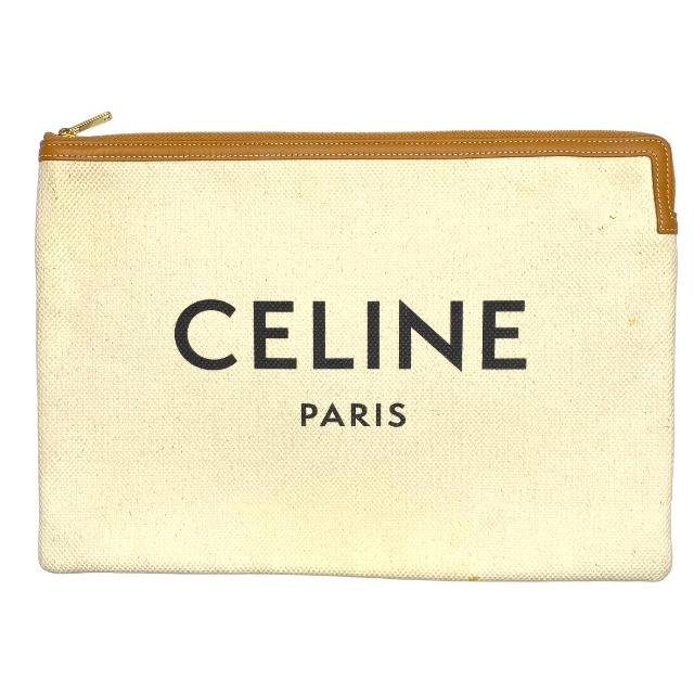 セリーヌ 帆布・キャンバスバッグ レディース CELINE セリーヌ クラッチバッグ セカンドバッグ ラージポーチ 手持ち鞄 ロゴ キャンバス レザー アイボリー