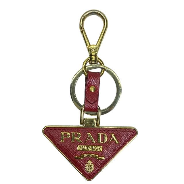 プラダ キーホルダー（レディース） PRADA プラダ キーホルダー キーリング バッグチャーム 三角ロゴ サフィアーノ GP レザー ゴールド レッド