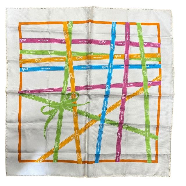 HERMES エルメス プチカレ スカーフ カレ45 アクセサリー 小物 ボルデュックリボン ロゴ シルク ホワイト マルチカラ―