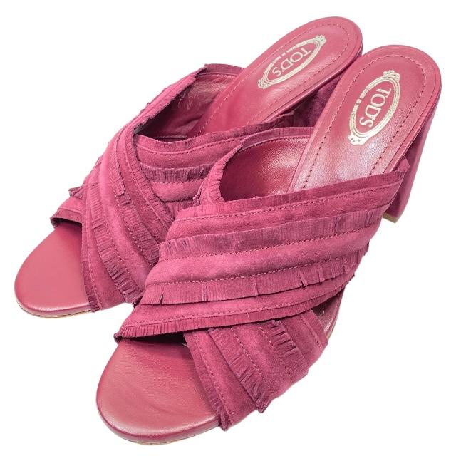 【未使用】TODS トッズ ヒール パンプス ミュール オープントゥ チャンキーヒール スエード ボルドー系 [サイズ 41 1/2(約28.5cm)]