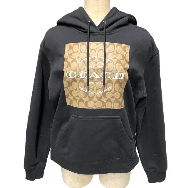 COACH コーチ フーディー パーカー スウェット 長袖 シグネチャー ロゴ コットン ブラック ブラウン [XSサイズ]