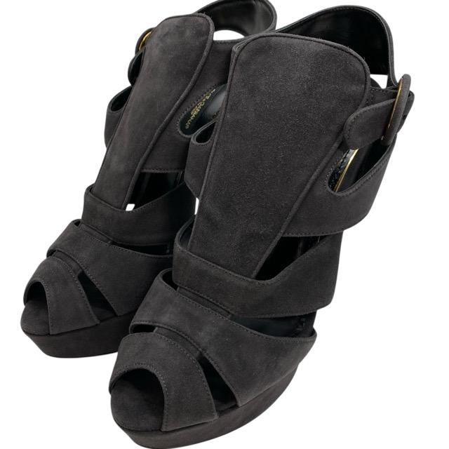 ドルチェ&ガッバーナ ドルガバ ヒール サンダル パンプス ハイヒール シューズ オープントゥ スエード ブラック系 [サイズ 37 (約24cm)]