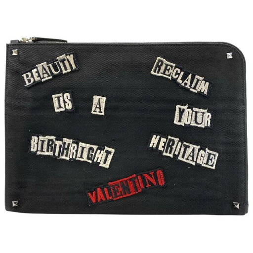 VALENTINO GARAVANI ヴァレンティノ ガラヴァーニ クラッチバッグ セカンドバッグ L字ファスナー ワッペン スタッズ キャンバス ブラック VALENTINO GARAVANI ヴァレンティノ ガラヴァーニ クラッチバッグ セカンドバッグ L字ファスナー ワッペン スタッズ キャンバス ブラック