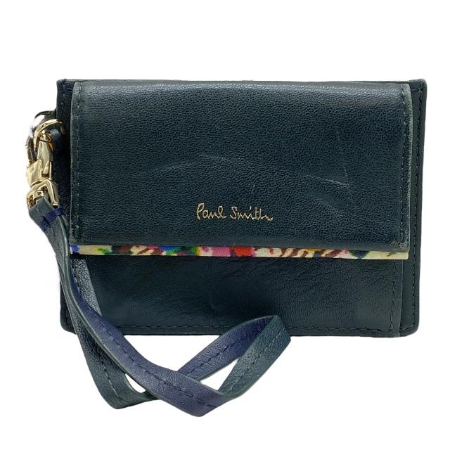 Paul Smith ポールスミス カードケース パスケース コインケース 小銭入れ コンパクト ロゴ レザー ダークグリーン ネイビー