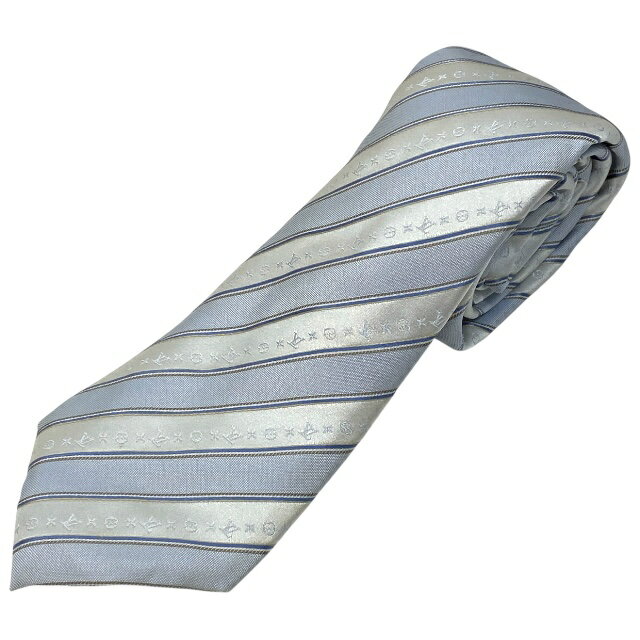 ルイ ヴィトン ネクタイ レギュラータイ モノグラム ストライプ シルク ロゴ シルバー ライトブルー グレー LOUIS VUITTON
