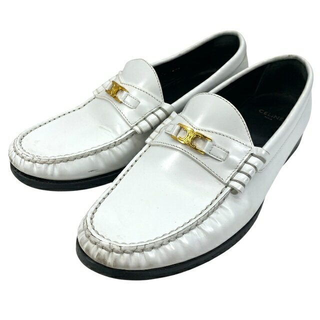 セリーヌ FA1202 ルコ トリオンフ ローファー ビジネスシューズ スリッポン ロゴ ゴールド ホワイト レザー CELINE [40(約25cm)]正規品 安心品質 メンズ レディース ユニセックス ブランドシューズ 高級感 ビジネス モード系
