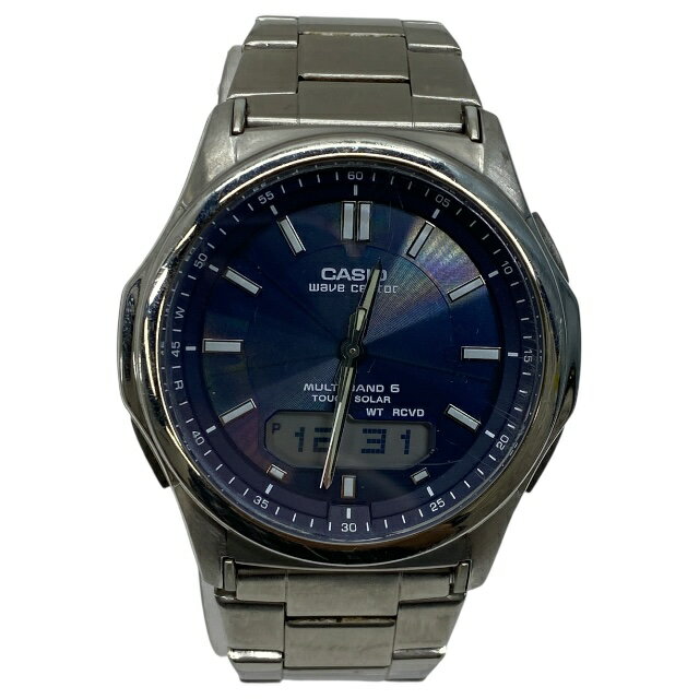稼働品 カシオ WVA-M630D 腕時計 時計 ウェーブセプター ソーラー電波時計 5気圧防水 アナデジ ネイビー シルバー ステンレス CASIO メンズ 高級感 人気モデル 定番デザイン