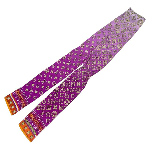 ルイヴィトン M74569 バンドーモノグラムマップ スカーフ バンダナ リボン シルク ピンク×オレンジ LOU..