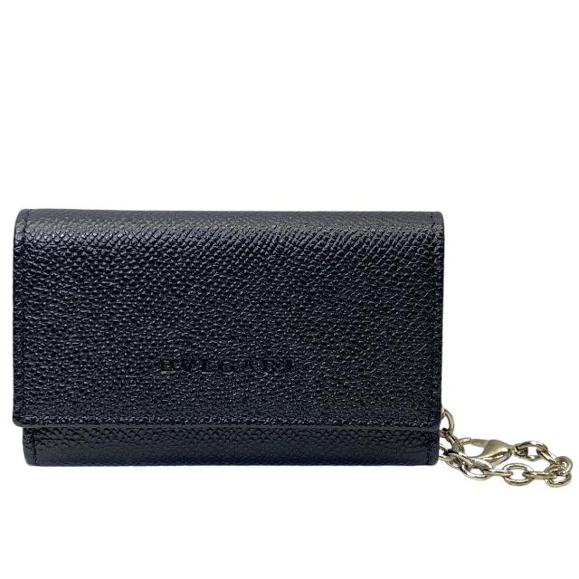 BVLGARI ブルガリ 6連 キーケース コンパクト ロゴ レザー ブラック チェーン付き