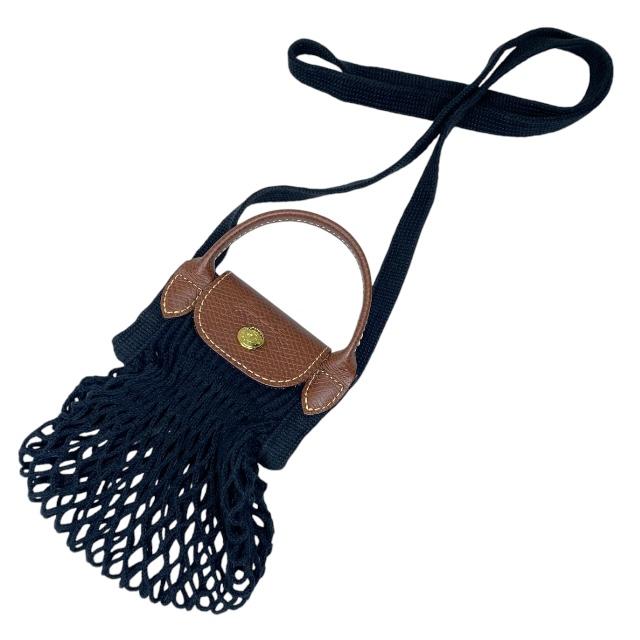 LONGCHAMP ) ハンドバッグ レザー - LONGCHANG ロンシャン プリアージュフィレ ミニバッグ ハンドバッグ ショルダーバッグ 斜め掛け ロゴ コットン レザー ブラック ブラウン