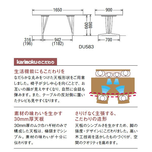 カリモク ダイニングテーブル 幅1650mm 天板:片Rタイプ 2本脚 ブナ材【COM ブナVI】【DU5832-B】 [3]
