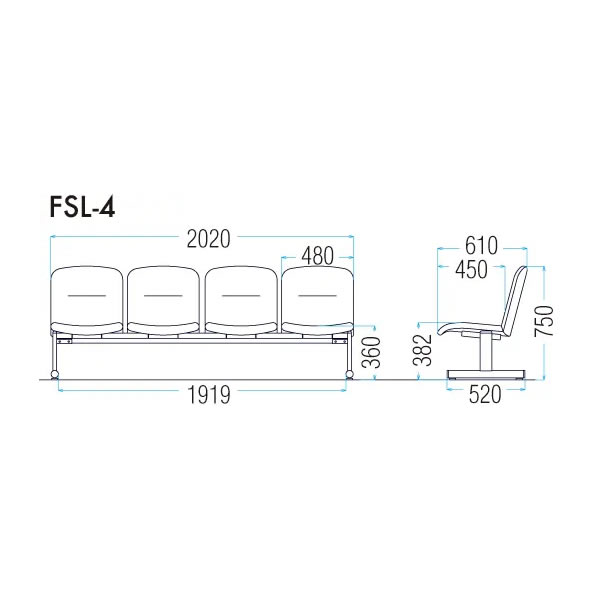 ロビーチェア FSLシリーズ(背付き・4人用) FSL-4 ビニールレザー張り 幅2020×奥行き610×高さ750mm【FSL-4L-S】 [3]