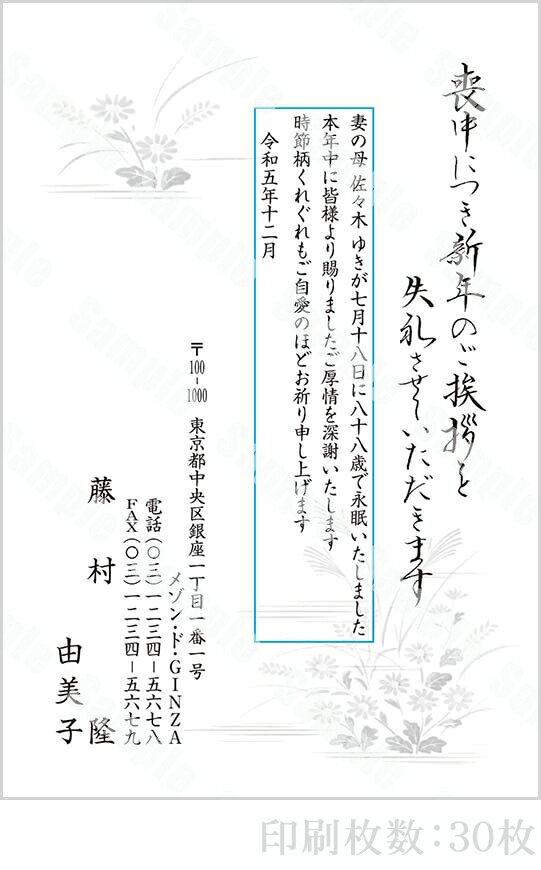 全96柄 2024年度版 喪中はがき印刷 普通郵便はがき「胡蝶蘭」 30枚 特選デザイン 62001_30
