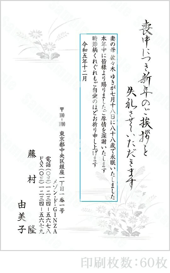 【4月20日-30日1時59分までエントリー＆2店舗合計5,000円以上で最大10万ポイント】全96柄 2024年度版 喪中はがき印刷 普通郵便はがき「胡蝶蘭」 60枚 特選デザイン 62001_60