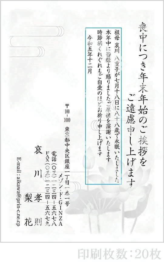 【4月20日-30日1時59分までエントリー＆2店舗合計5,000円以上で最大10万ポイント】全96柄 2024年度版 喪中はがき印刷 普通郵便はがき「胡蝶蘭」 20枚 特選デザイン 62020_20