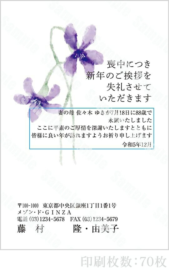 全96柄 2024年度版 喪中はがき印刷 普通郵便はがき「胡蝶蘭」 70枚 特選デザイン 63101_70