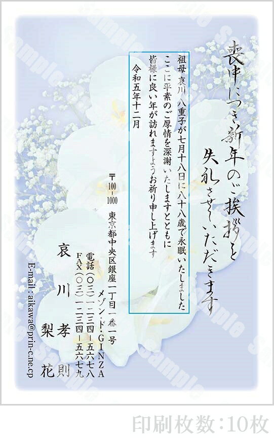 【4月20日-30日1時59分までエントリー＆2店舗合計5,000円以上で最大10万ポイント】全96柄 2024年度版 喪中はがき印刷 普通郵便はがき「胡蝶蘭」 10枚 特選デザイン 64005_10