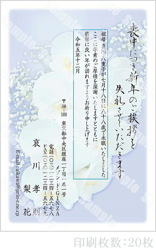 【4月20日-30日1時59分までエントリー＆2店舗合計5,000円以上で最大10万ポイント】全96柄 2024年度版 喪中はがき印刷 普通郵便はがき「胡蝶蘭」 20枚 特選デザイン 64005_20