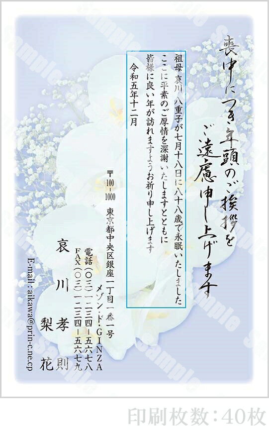 全96柄 2024年度版 喪中はがき印刷 普通郵便はがき「胡蝶蘭」 40枚 特選デザイン 64006_40