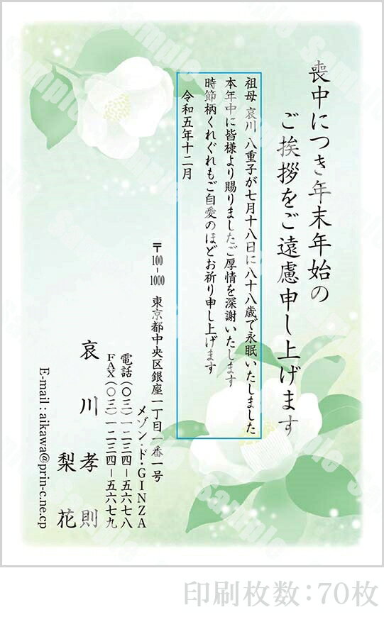 【4月20日-30日1時59分までエントリー＆2店舗合計5,000円以上で最大10万ポイント】全96柄 2024年度版 喪中はがき印刷 普通郵便はがき「胡蝶蘭」 70枚 特選デザイン 64020_70
