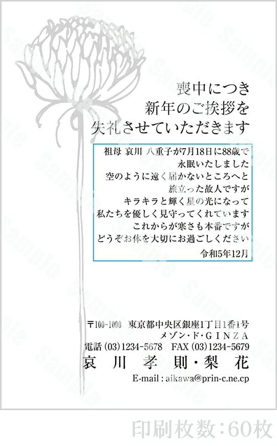 全96柄 2024年度版 喪中はがき印刷 普通郵便はがき「胡蝶蘭」 60枚 特選デザイン 64133_60