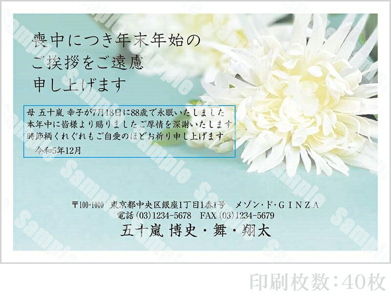 【4月20日-30日1時59分までエントリー＆2店舗合計5,000円以上で最大10万ポイント】全96柄 2024年度版 喪中はがき印刷 普通郵便はがき「胡蝶蘭」 40枚 特選デザイン 64152_40