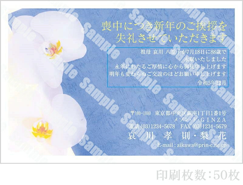 【4月20日-30日1時59分までエントリー＆2店舗合計5,000円以上で最大10万ポイント】全96柄 2024年度版 喪中はがき印刷 普通郵便はがき「胡蝶蘭」 50枚 特選デザイン 64153_50