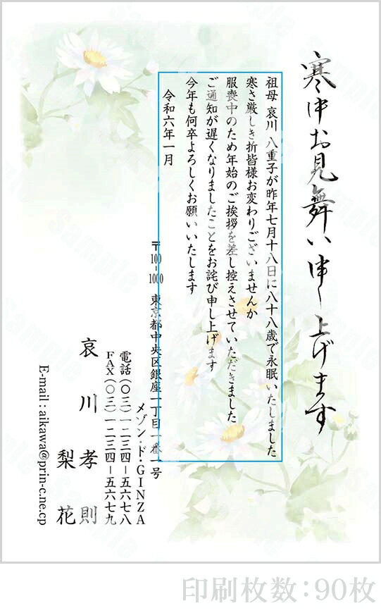 【4月20日-30日1時59分までエントリー＆2店舗合計5,000円以上で最大10万ポイント】全16柄 2024年度版 寒中はがき印刷 普通郵便はがき「胡蝶蘭」 90枚 特選デザイン 64506_90