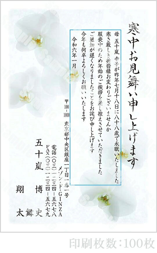 【4月20日-30日1時59分までエントリー＆2店舗合計5,000円以上で最大10万ポイント】全16柄 2024年度版 寒中はがき印刷 普通郵便はがき「胡蝶蘭」 100枚 特選デザイン 64508_100