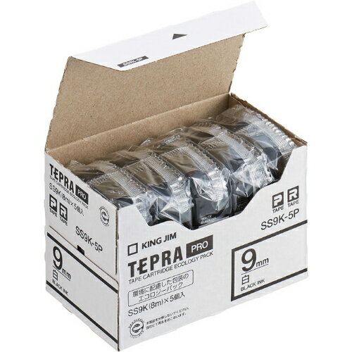 【1月9日20時-16日1時59分までエントリーで2点購入P5倍・3点以上でP10倍】キングジム＜KING JIM＞テプラ「PRO」テープエコパック(5個入り)　白ラベル　黒文字 SS9K-5P　9mm幅　8m