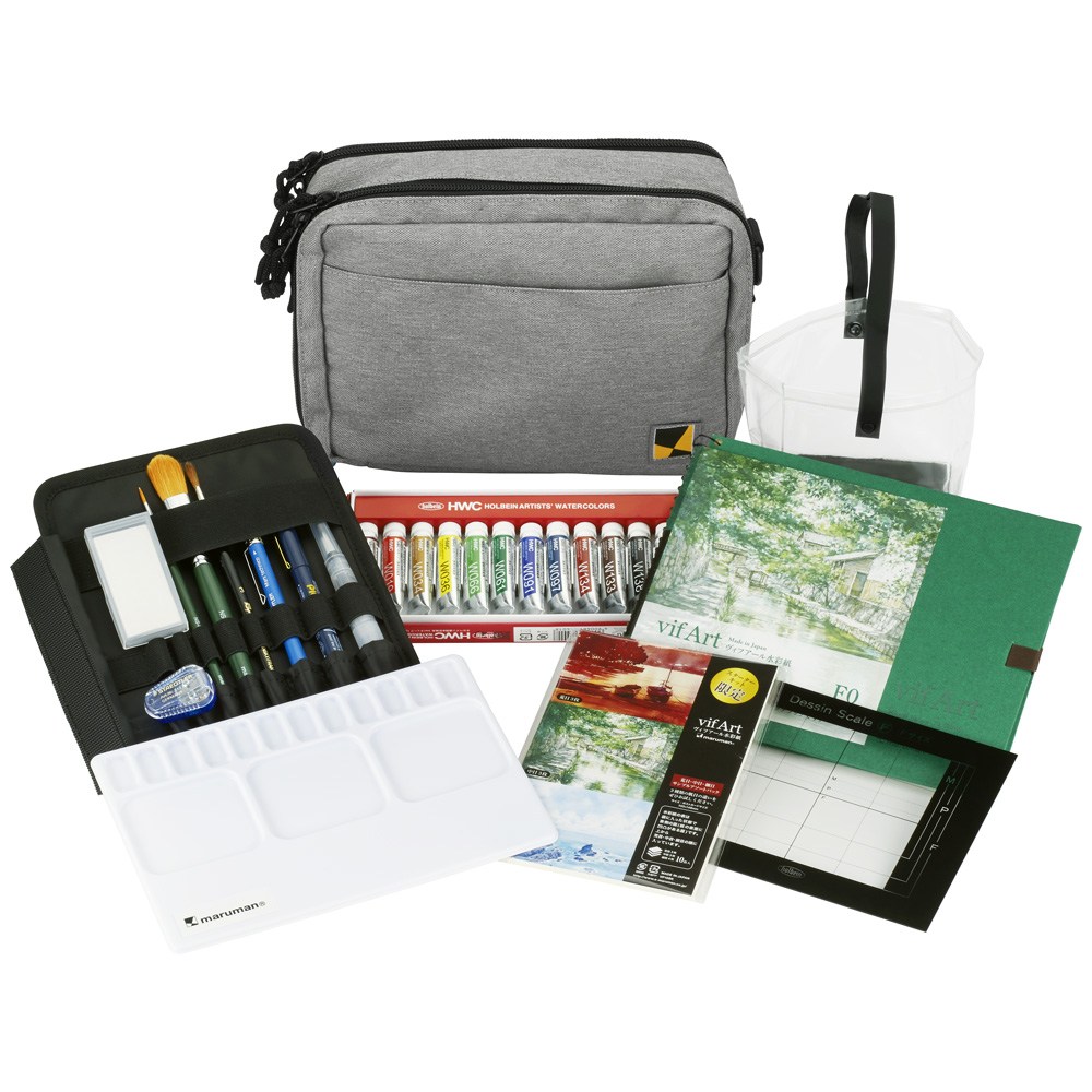 【3月20日20時-26日1時59分までエントリーで2人に1人が最大全額ポイントバック】マルマン maruman 水彩画ポータブルキットF0　ポーチグレー SVPS12-11 初心者 プレゼント 趣味