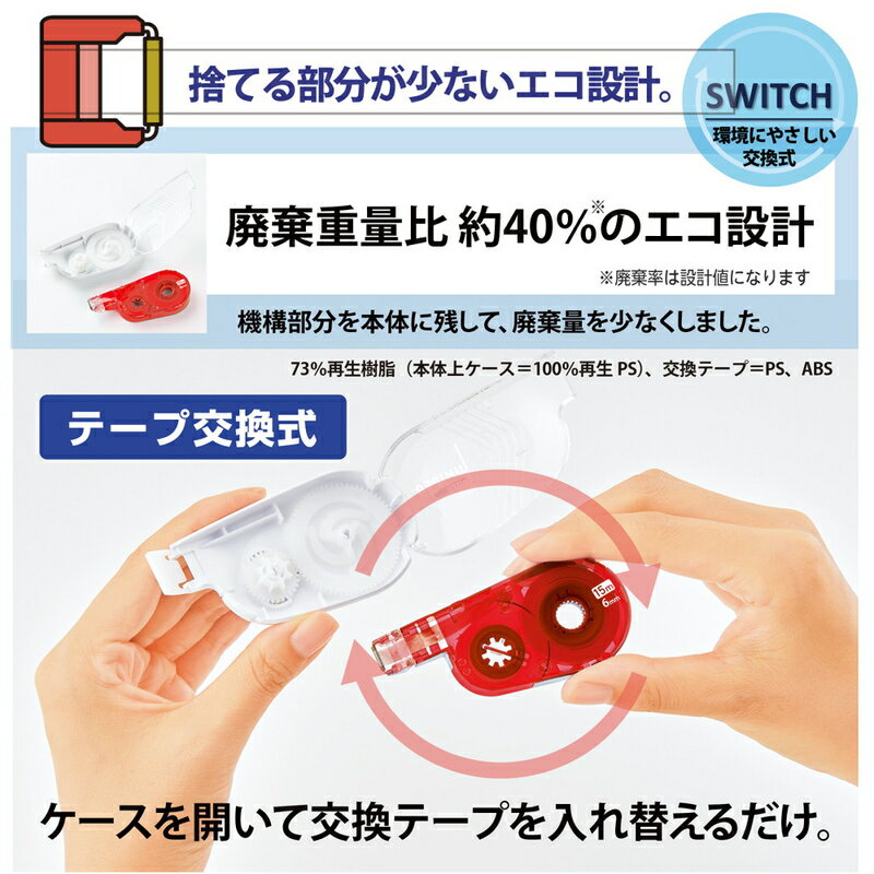 プラス(PLUS) 修正テープ ホワイパースイッチ 6mm レッド 交換テープ WH-1516R 50-139