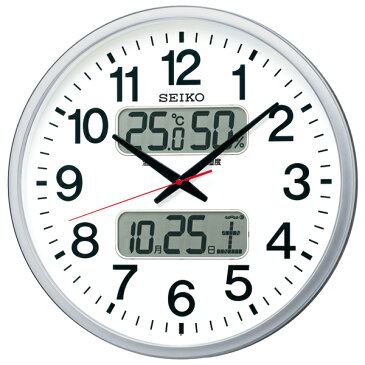 【送料無料】セイコー　大型電波掛時計　KX237S　オフィスタイプ　温湿度・カレンダー付　直径500mm　デジタル文字高(最大)55mm　白文字盤　銀色メタリック
