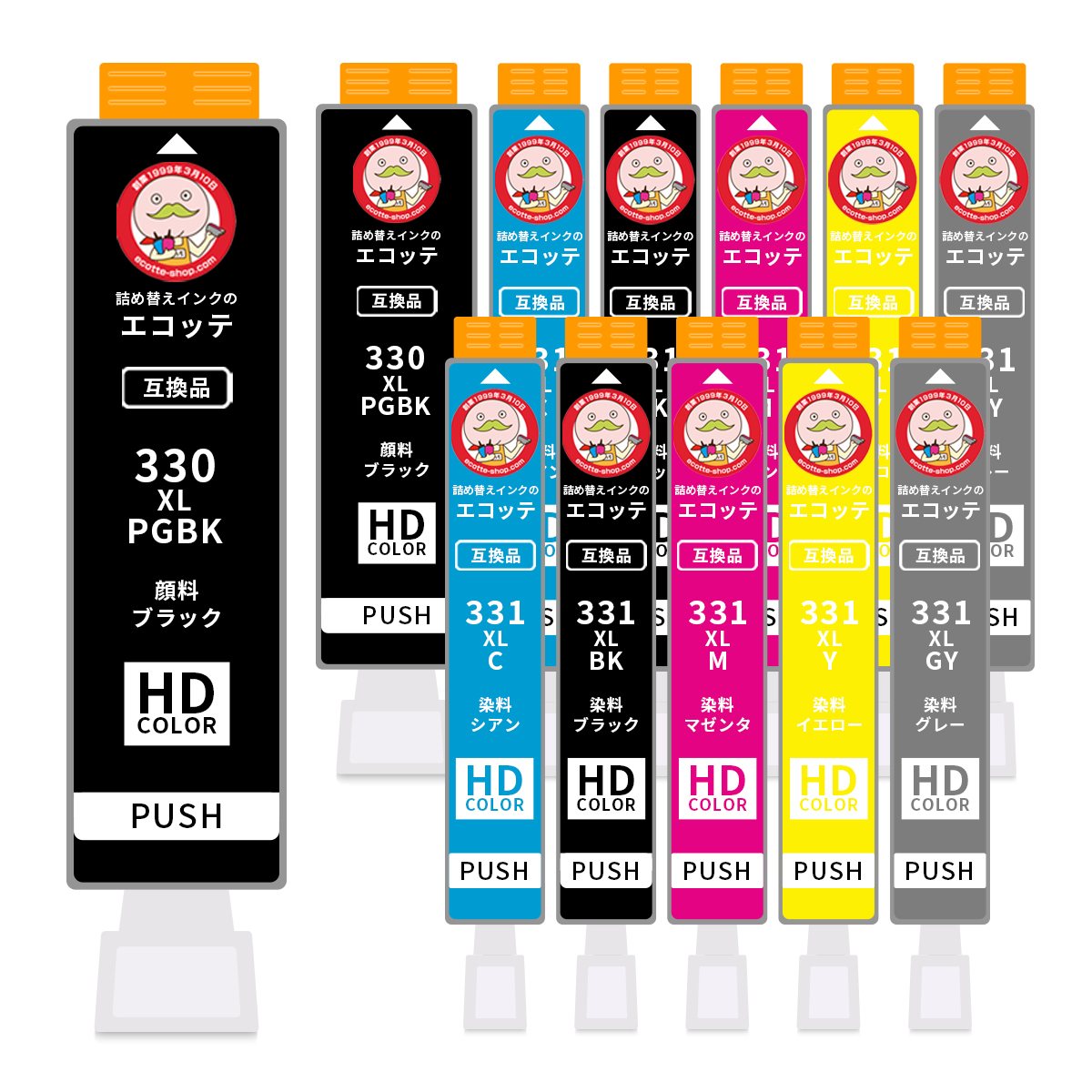 スペック詳細メーカーCanon ( キヤノン / キャノン )純正品番BCI-331XL+330XL/6MPBCI-331XL BCI-330XL 対応機種 PIXUS ピクサス●TS8930 ( TS8930 series )TS8930BK / TS8930WH● TS8830 ( TS8800 series ) TS8830BK / TS8830WH / TS8830RD● TS8730 ( TS8700 series ) TS8730BK / TS8730WH / TS8730RD● TS8630 ( TS8600 series ) TS8630BK / TS8630WH / TS8630RD● TS8530 ( TS8500 series ) TS8530BK / TS8530WH / TS8530RD種別互換インクカートリッジ商品内容BCI-330XLPGBK 顔料 ブラック 大容量 増量 28.5ml × 2BCI-331XLBK 染料 ブラック 大容量 増量 12.5ml × 2BCI-331XLC 染料 シアン 大容量 増量 12.5ml × 2BCI-331XLM 染料 マゼンタ 大容量 増量 12.5ml × 2BCI-331XLY 染料 イエロー 大容量 増量 12.5ml × 2BCI-331XLGY 染料 グレー 大容量 増量 12.5ml × 2内容量 / 印刷枚数 純正比インク容量増量中！純正大容量インクより約10％多く印刷が可能です。参考：純正インク印刷枚数（TS8530カラー印刷の場合）PGBK600枚、BK4530枚、シアン824枚、マゼンタ758枚、イエロー824枚、グレー9350枚注意事項キャノン クリエイティブパークプレミアムはご利用いただけません プリンターメーカー純正品ではありません使い切り品です。詰め替えインクは使用できませんエコッテの互換インクは空印刷防止の為、使用後にインクが若干残るように製造されています。商品のデザイン、仕様は予告なく変更する場合があります。保証とサポートご購入から1年間の保証期間を設けております。万が一、不具合の際は交換対応を致します。ご連絡はお問い合わせフォームよりお願いします。【検索用キーワード】BCl-331 BCl-330 BCl331 BCl330 TS8730 330 TS8830 TS8630 PIXUS TS8730 キャノン プリンター TS8930 インク ts8630 ts8530 ts8730 インク ts8630 インク ts8730 インク ts8630インク ts8530 インク CANON TS8730 PIXUS TS8630 ts8830 インク PIXUS TS8830 canon ts8530 インク BCI-331 CANON TS8830 キャノン TS8730 PIXUS TS8530 BCI-331+330/6MP bci 331 330 大 容量 キャノン プリンター ts8830 TS8730BK CANON PIXUS TS8730 canon プリンター TS8730 Canon PIXUS TS8630 TS8630BK キャノン インク 331 330 CANON インク 331 canon インク 331 BCI-331+330 キャノンインク 330 331 canon プリンター TS8530 BCI-331XL キャノン 331 BCI-330 BCI-330PGBK BCI-330XLPGBK TS8730 プリンター CANON PIXUS TS8830 TS8830BK TS8630 互換インク プリンター ts8730 キヤノン PIXUS TS8730 BCI-331XL C BCI-331XLC Canonインク 330 331 キャノン インクカートリッジ 331 canon インク 331 330 canon インク 330 canon ts8830 インク キャノン TS8730 インク キヤノン プリンター TS8730 BCI-331XL+330XL/6MP BCI-331XLM キャノン330 331 インク 331 キャノン TS8830 インク ts8730 ホワイト キヤノン BCI-331+330／6MP インク キヤノン インク 330 331 PIXUS TS8730 ホワイト BCI-330XLPGBK（5113C001） キヤノン インクタンク bci-331+330/6mp キヤノン BCI-331+330／6MP BCI-331+330/6MP [マルチパック] 331 330 6MP プリンターインク キャノン 331 canon インク 331 330 大容量 プリンター インク キャノン 331 330 Canon インクカートリッジ 331 インクカートリッジ キャノン 331 キャノン インクジェットインク 331 canon プリンター 331 M キャノン プリンタ- インク 331 bci330 331 TS8730 インク BCI-330顔料セット キャノン インクカートリッジ331 330 TS8830 プリンター プリンター キャノン TS8830 Canon プリンター A4 インクジェット複合機 TS8830 キャノンプリンタ TS8830 PIXUS インクジェットプリンター複合機 TS8730BK CANON PIXUS TS8730 インク PIXUS インクジェットプリンター複合機 TS8730 インク TS8730 キャノン ts8730 プリンター PIXUS ホワイトインクジェットプリンター複合機 TS8730BK CANON TS8730BK PIXUS TS8630 TS8530 キャノン TS8630 対応インク プリンターインク キャノン TS8530 プリンターインク インクジェット 複合機 トナーカートリッジ カートリッジインク インクカートリッジ カートリッジ マルチパック インクタンク 互換インク 交換インク トナー パソコン・周辺機器 PCサプライ・消耗品 プリンター・FAX用インク コピー機 series インキ 互換 リサイクル ボトルインク 大容量 増量 エコタンク 非純正 非正規品 インクジェットプリンター ビジネスプリンター ホームプリンター 詰め替えインク 汎用 互換カートリッジ 互換ボトル ビジネスインクジェット ギガタンク CanonTS8730インク CanonTS8730インクカートリッジ CanonTS8730プリンターインク CanonTS8630インク CanonTS8630インクカートリッジ CanonTS8630プリンターインク CanonTS8530インク CanonTS8530インクカートリッジ CanonTS8530プリンターインク CanonTS8830インク CanonTS8830インクカートリッジ CanonTS8830プリンターインク キヤノンTS8730インク キヤノンTS8730インクカートリッジ キヤノンTS8730プリンターインク キヤノンTS8630インク キヤノンTS8630インクカートリッジ キヤノンTS8630プリンターインク キヤノンTS8530インク キヤノンTS8530インクカートリッジ キヤノンTS8530プリンターインク キヤノンTS8830インク キヤノンTS8830インクカートリッジ キヤノンTS8830プリンターインク キャノンTS8730インク キャノンTS8730インクカートリッジ キャノンTS8730プリンターインク キャノンTS8630インク キャノンTS8630インクカートリッジ キャノンTS8630プリンターインク キャノンTS8530インク キャノンTS8530インクカートリッジ キャノンTS8530プリンターインク キャノンTS8830インク キャノンTS8830インクカートリッジ キャノンTS8830プリンターインク CanonTS8730 CanonTS8630 CanonTS8530 CanonTS8830 キヤノンTS8730 キヤノンTS8630 キヤノンTS8530 キヤノンTS8830 キャノンTS8730 キャノンTS8630 キャノンTS8530 キャノンTS8830 CanonインクTS8730 CanonインクTS8630 CanonインクTS8530 CanonインクTS8830 CanonインクカートリッジTS8730 CanonインクカートリッジTS8630 CanonインクカートリッジTS8530 CanonインクカートリッジTS8830 CanonプリンターインクTS8730 CanonプリンターインクTS8630 CanonプリンターインクTS8530 CanonプリンターインクTS8830 キヤノンインクTS8730 キヤノンインクTS8630 キヤノンインクTS8530 キヤノンインクTS8830 キヤノンインクカートリッジTS8730 キヤノンインクカートリッジTS8630 キヤノンインクカートリッジTS8530 キヤノンインクカートリッジTS8830 キヤノンプリンターインクTS8730 キヤノンプリンターインクTS8630 キヤノンプリンターインクTS8530 キヤノンプリンターインクTS8830 キャノンインクTS8730 キャノンインクTS8630 キャノンインクTS8530 キャノンインクTS8830 キャノンインクカートリッジTS8730 キャノンインクカートリッジTS8630 キャノンインクカートリッジTS8530 キャノンインクカートリッジTS8830 キャノンプリンターインクTS8730 キャノンプリンターインクTS8630 キャノンプリンターインクTS8530 キャノンプリンターインクTS8830 CanonBCI-330+331 CanonBCI-331+330 CanonBCI-331+330/6MP CanonBCI-331 CanonBCI-330 CanonBCI 331 CanonBCI 330 CanonBCI-330PGBK CanonBCI-331BK CanonBCI-331C CanonBCI-331M CanonBCI-331Y CanonBCI-331GY キヤノンBCI-330