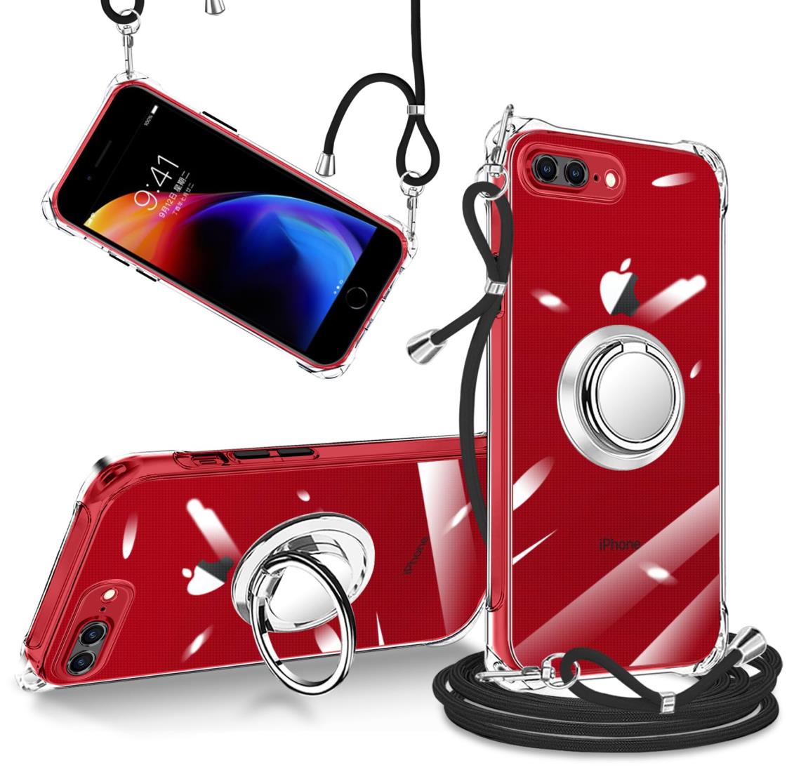 i Phone 7 plus ケース i Phone 8 plus ケース ク リア 透明 リング付き ショルダー 調節可能 肩がけ 首掛け 紐付き 斜めがけ スマホケース アイフォン7plus/8plus ケース シリコン TPU ストラップホール付き 耐衝撃 傷防止 全面保護 カバー (i Phone7/8plusケース ク リア)