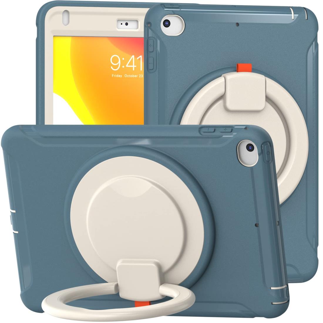 iPad Mini5 ケース Mini4 ケース 2015/ 2019 モデル (7.9インチ) リング付き 衝撃吸収 軽い 頑丈 360°回転スタンド 多方向 ハンドル付 ミニ5 ミニ4 カバー 落下防止 キズ防止 キッズ iPad Mini 第5世代/ 第4世代 ケース(iPad Mini4/Mini5, 灰ブルー)