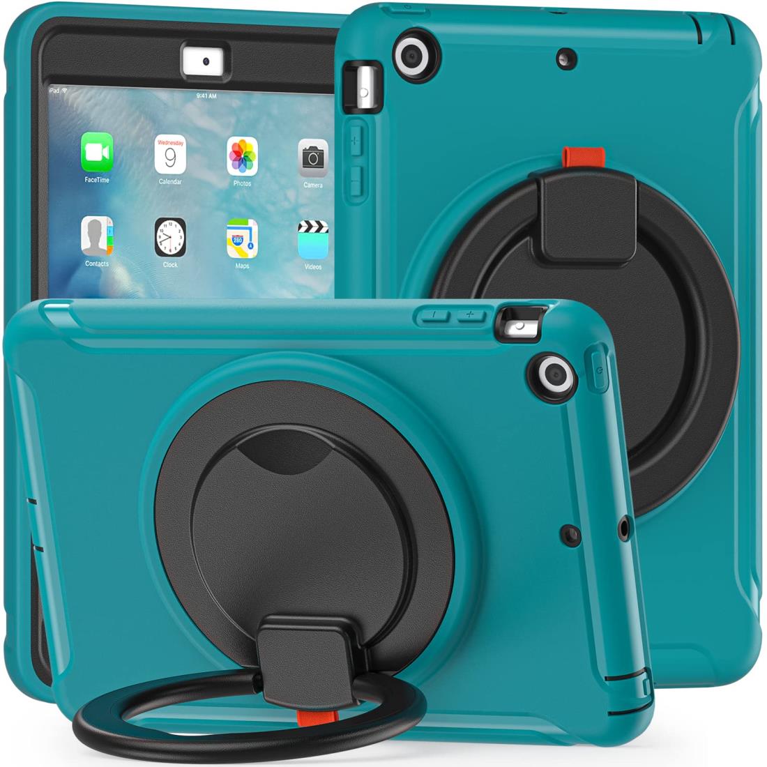 iPad Mini3 ケース Mini2 ケース Mini1 ケース リング付き 衝撃吸収 軽い 頑丈 360°回転スタンド 多方向 ハンドル付 ミニ3 ミニ2 カバー 落下防止 キズ防止 キッズ iPad Mini 第3世代 第2世代 第1世代 ケース(iPad Mini1/Mini2/Mini3, ブルー)