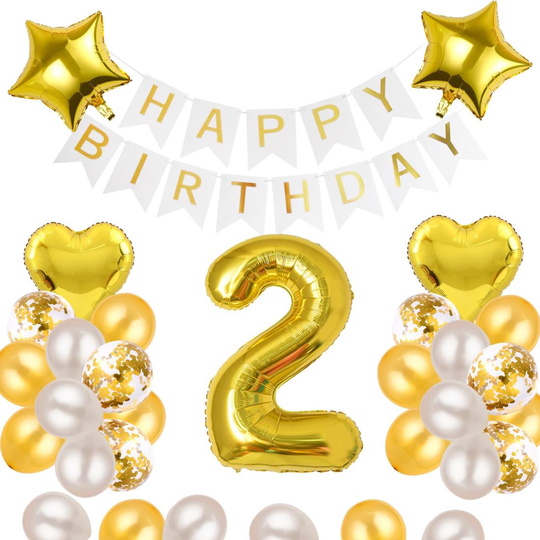 2歳 誕生日 バルーン 風船 飾り付け セット 数字バルーン 2 HAPPY BIRTHDAYガーランド ハート風船 紙吹雪風船 バースデーバルーン 大人 男の子 女の子 ゴールド