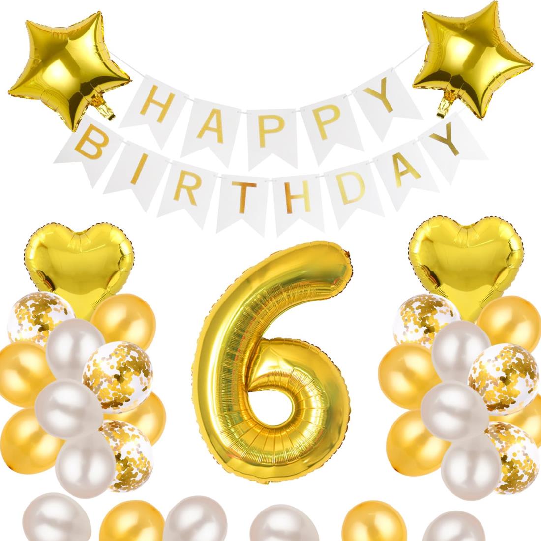 6歳 誕生日 バルーン 風船 飾り付け セット 数字バルーン 6 HAPPY BIRTHDAYガーランド ハート風船 紙吹雪風船 バースデーバルーン 大人 男の子 女の子 ゴールド