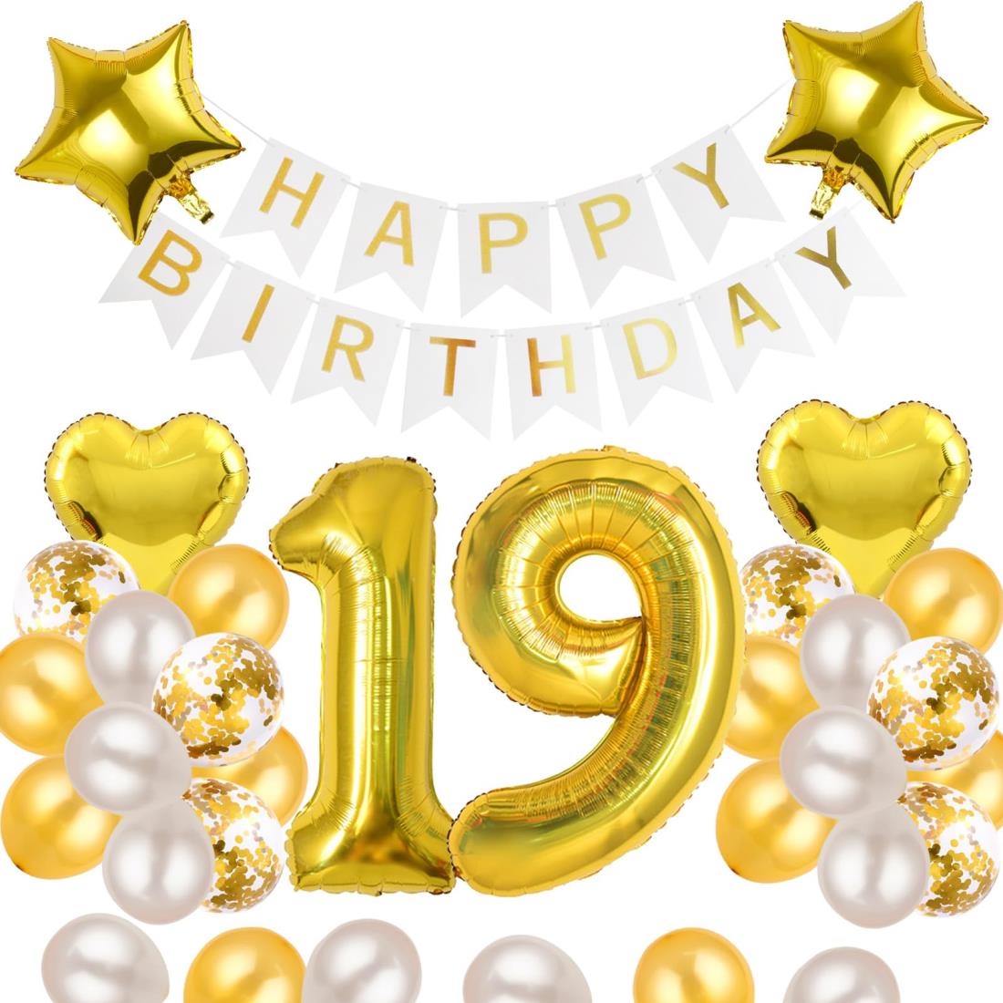 19歳 誕生日 バルーン 風船 飾り付け セット 数字バルーン 19 HAPPY BIRTHDAYガーランド ハート風船 紙吹雪風船 バースデーバルーン 大人 男の子 女の子 ゴールド