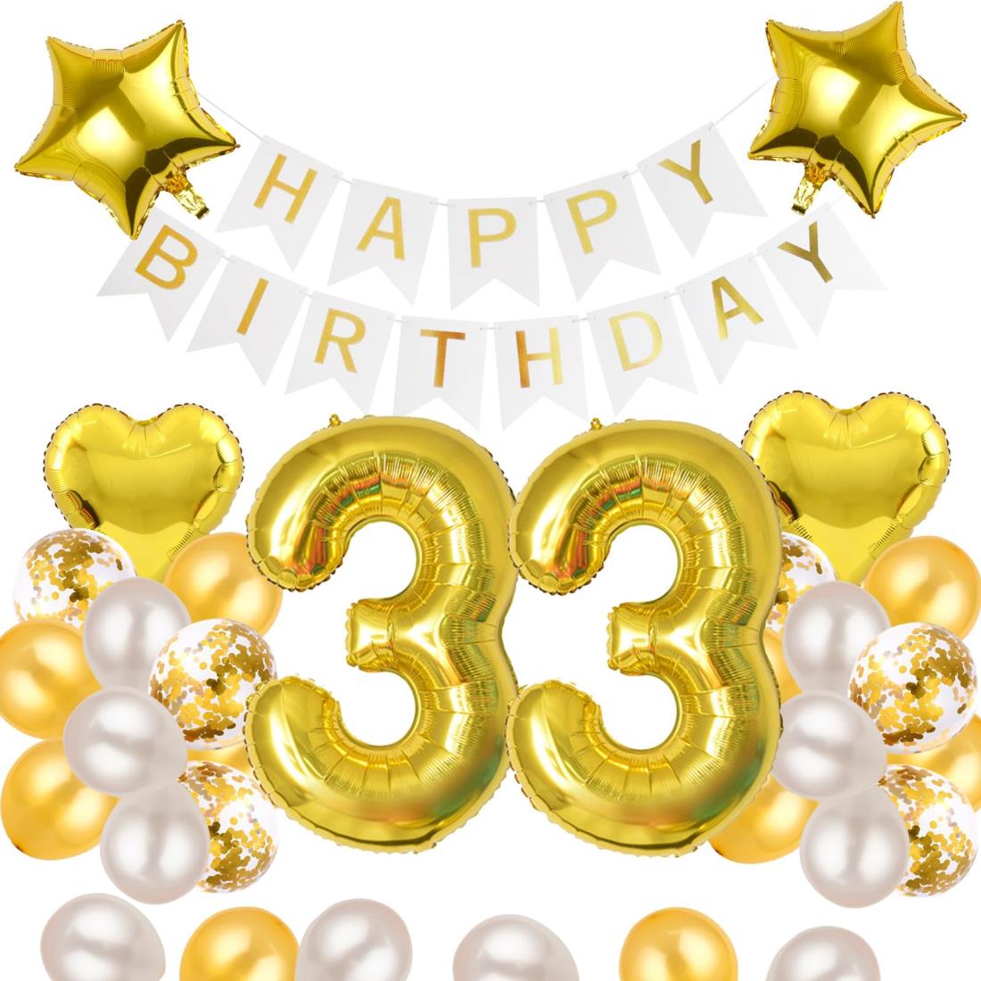 33歳 誕生日 バルーン 風船 飾り付け セット 数字バルーン 33 HAPPY BIRTHDAYガーランド ハート風船 紙吹雪風船 バースデーバルーン 大人 男の子 女の子 ゴールド