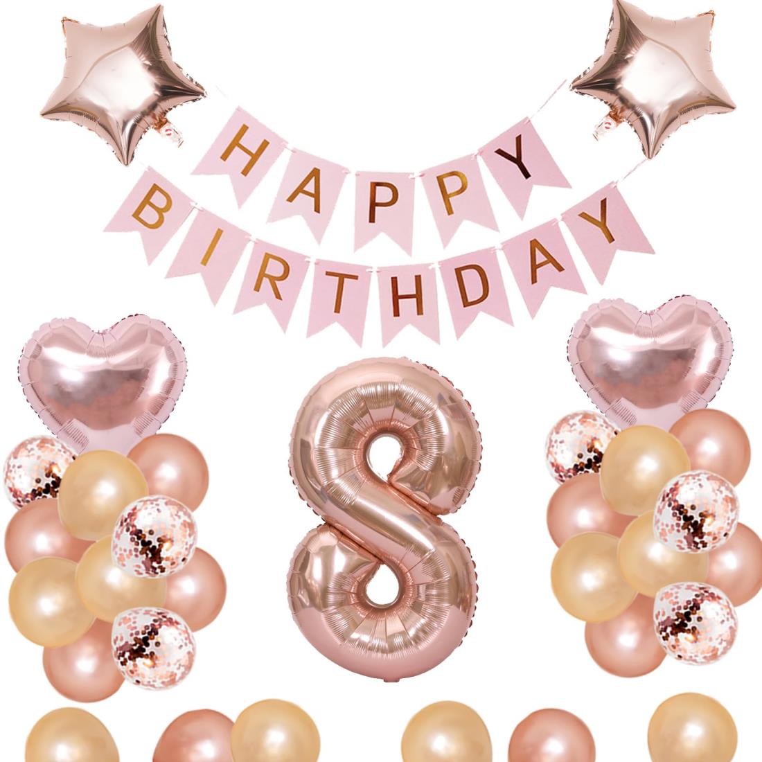 8歳 誕生日 バルーン 風船 飾り付け セット 数字バルーン 8 HAPPY BIRTHDAYガーランド ハート風船 紙吹雪風船 バースデーバルーン 大人 女の子 ローズピンク