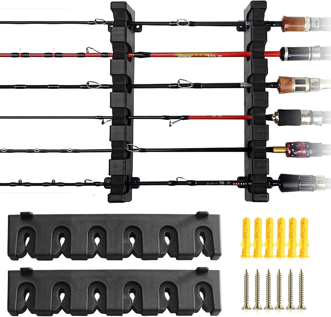 Pacify ロッドスタンド 釣り竿ラック 壁掛け 釣竿6本収納 安定性能 省スペース ロッドホルダー 竿立て 釣り竿収納クリップ 多種類釣竿適応 ネジ付き (横置き式)