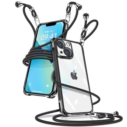 i Phone 13 ケース ク リア ショルダー i Phone13 スマホケース アイフォン13 カバー 肩掛け 斜めかけ 縄掛けケース 透明 薄型 軽量 TPU 携帯ケース 紐付き 斜めがけ 織りストラップ付き 長さ調整可能 取り外し可能 落下防止 紛失防止 ワイヤレス充電対応(ブラック)