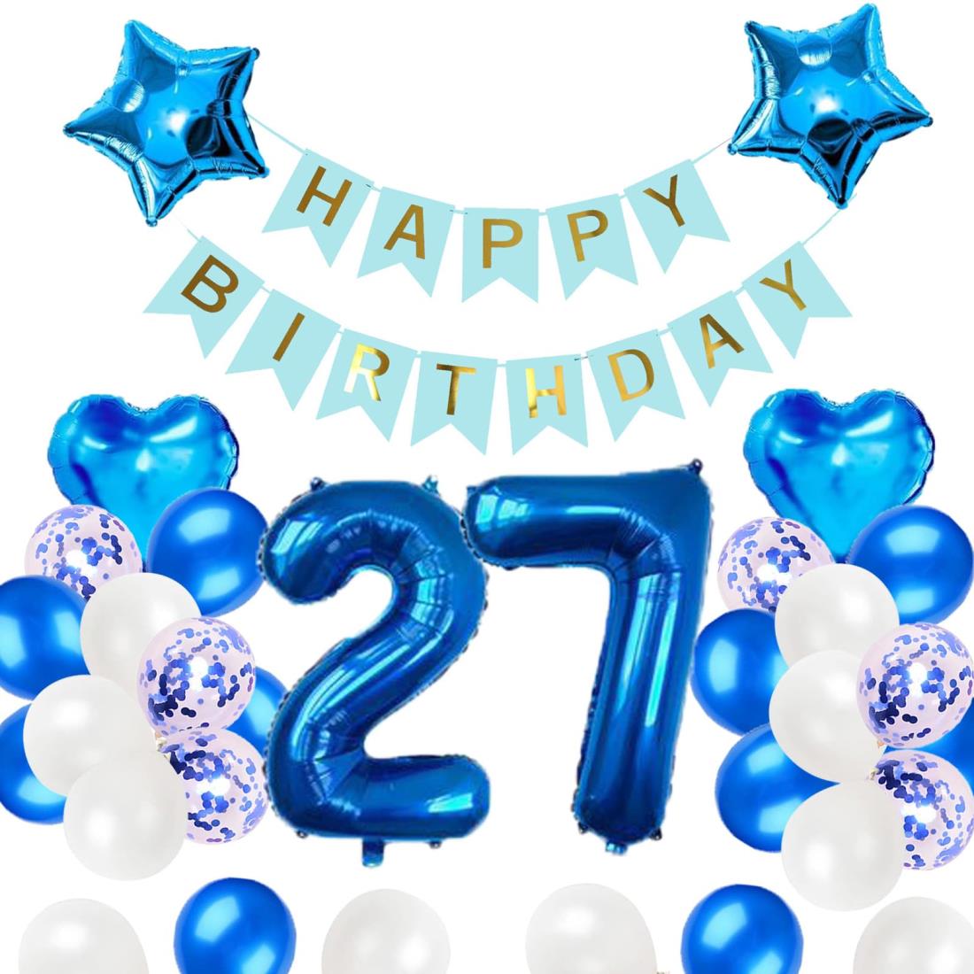 27歳誕生日 バルーン 風船 飾り付け セット ブルー 数字バルーン 27 HAPPY BIRTHDAYガーランド ハート風船 紙吹雪風船 バースデーバルーン 風船 男の子 女の子 祝い バースデー お祝い 飾り 記念日 部屋 撮影