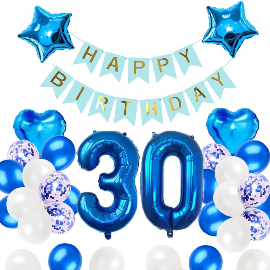 30歳誕生日 バルーン 風船 飾り付け セット ブルー 数字バルーン 30 HAPPY BIRTHDAYガーランド ハート風船 紙吹雪風船 バースデーバルーン 風船 男の子 女の子 祝い バースデー お祝い 飾り 記念日 部屋 撮影