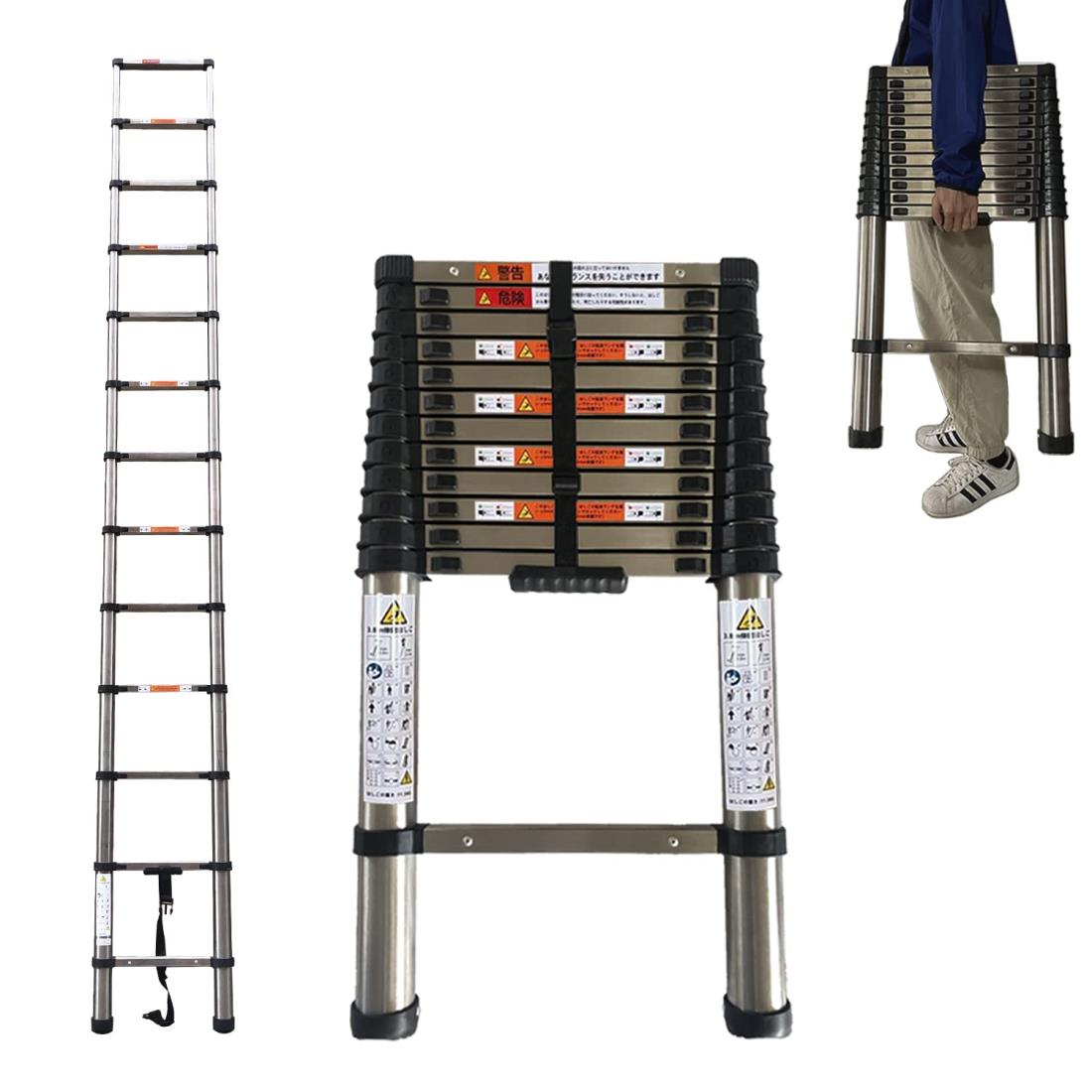 DayPlus 伸縮はしご ステンレス製 3.8m 折り畳み伸縮梯子 持ち運びやすい軽量 多機能 耐荷重150 kg 自..